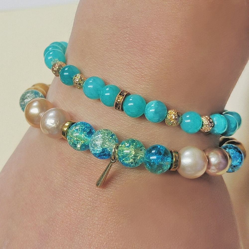 Genuine Freshwater Pearl, Semiprecious Stone, and Glass Elastic Beaded Bracelets